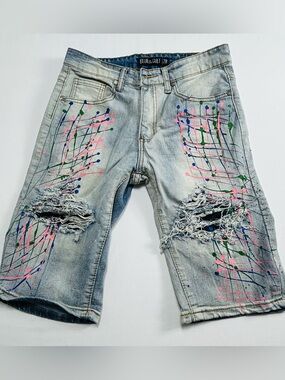 Blue Cult Distressed Paint-Splatter Denim Shorts - Light Wash
